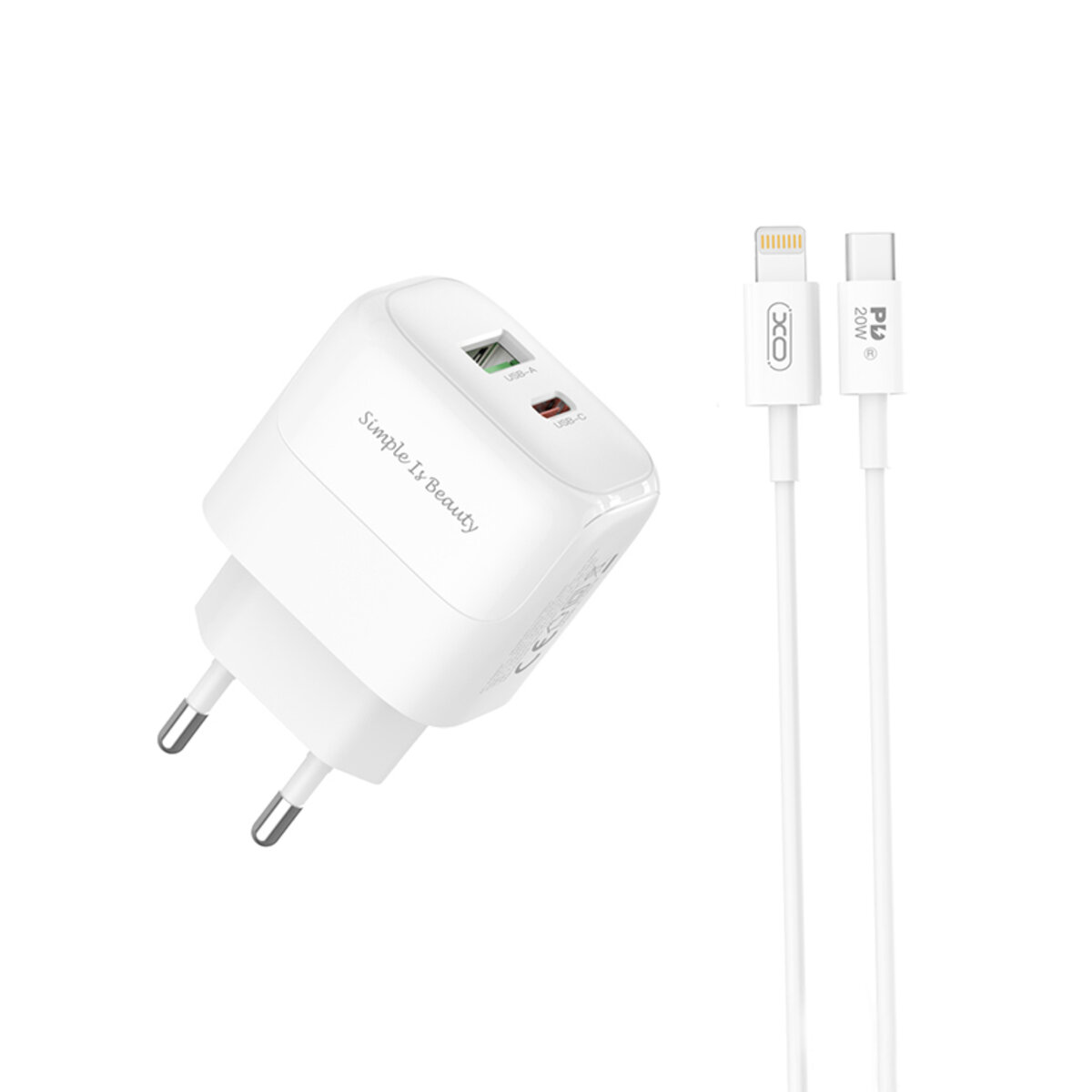 Мережевий зарядний пристрій XO L137 PD20W/QC18W 1USB-A+1USB-C + Lightning кабель білий (XO-L137+L) дивитися фото №1