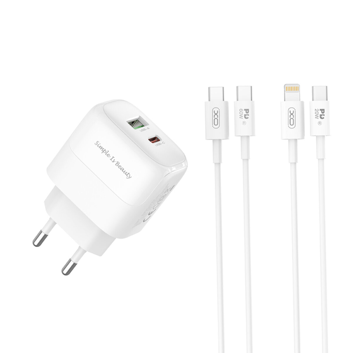 Мережевий зарядний пристрій XO L137 PD20W/QC18W 1USB-A+1USB-C + Lightning кабель білий (XO-L137+L) дивитися фото №5