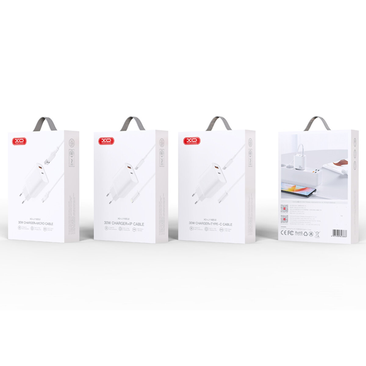 Мережевий зарядний пристрій XO L116 PD30W/QC18W 1USB-C+1USB-A + Lightning кабель білий (XO-L116+L) дивитися фото №8