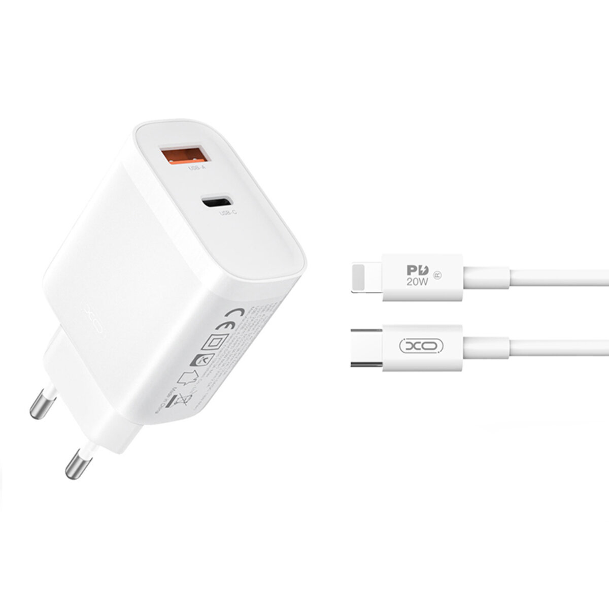 Мережевий зарядний пристрій XO L116 PD30W/QC18W 1USB-C+1USB-A + Lightning кабель білий (XO-L116+L) дивитися фото №1