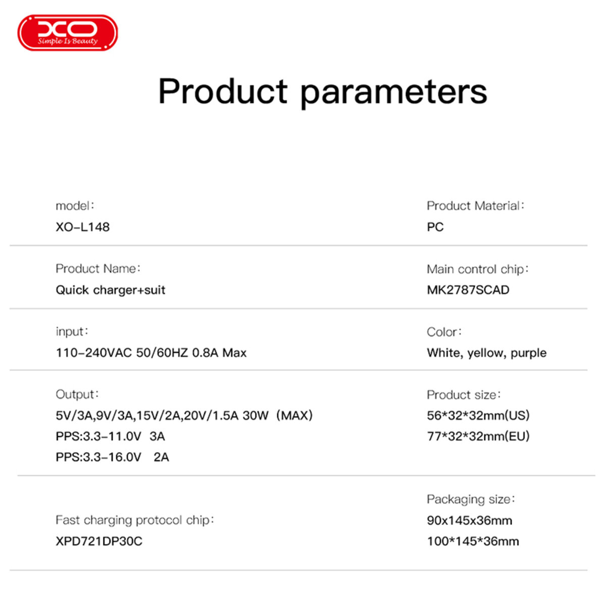 Мережевий зарядний пристрій XO L148 PD30W USB-C + Type-C кабель білий (XO-L148+C) дивитися фото №6