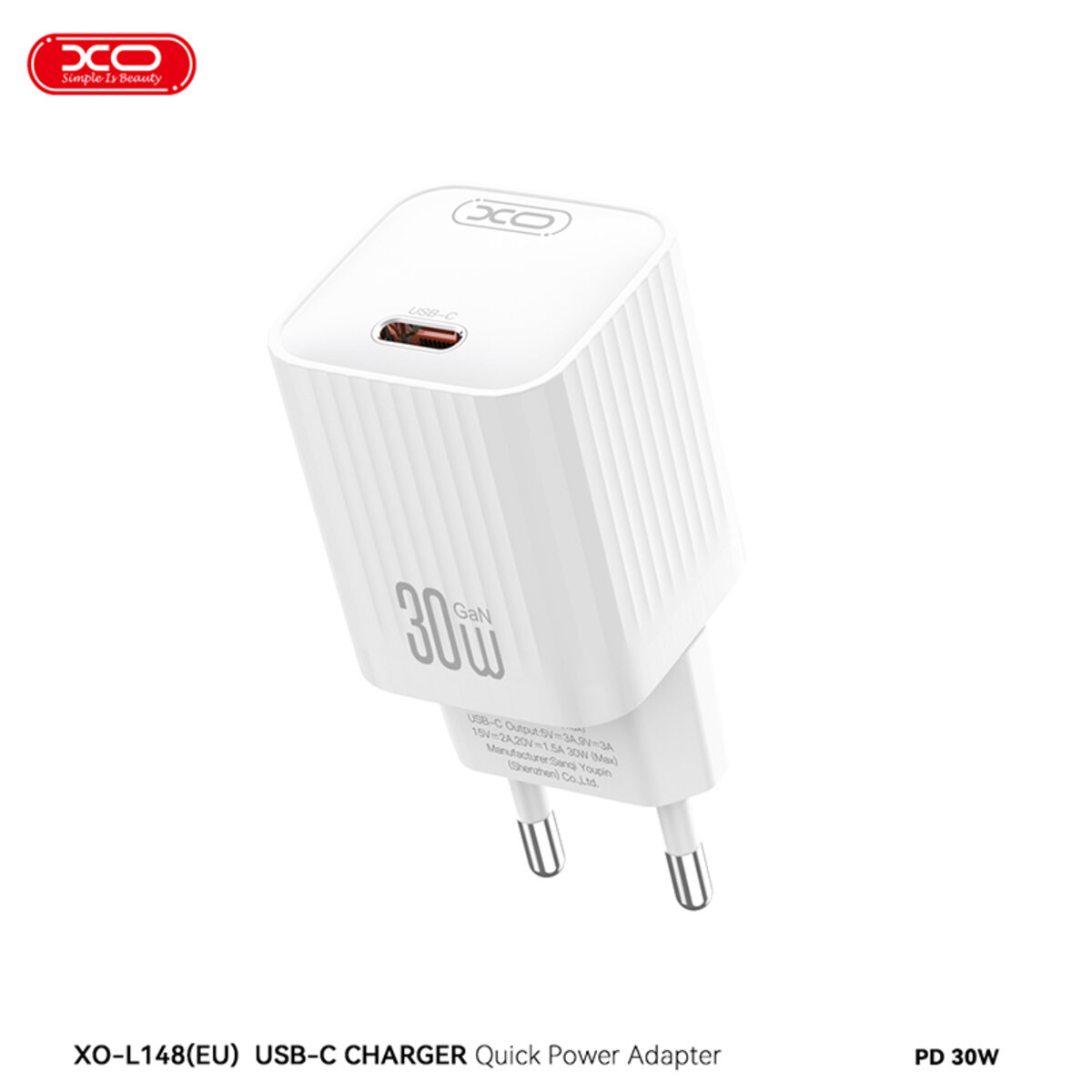 Мережевий зарядний пристрій XO L148 PD30W USB-C + Type-C кабель білий (XO-L148+C) дивитися фото №2