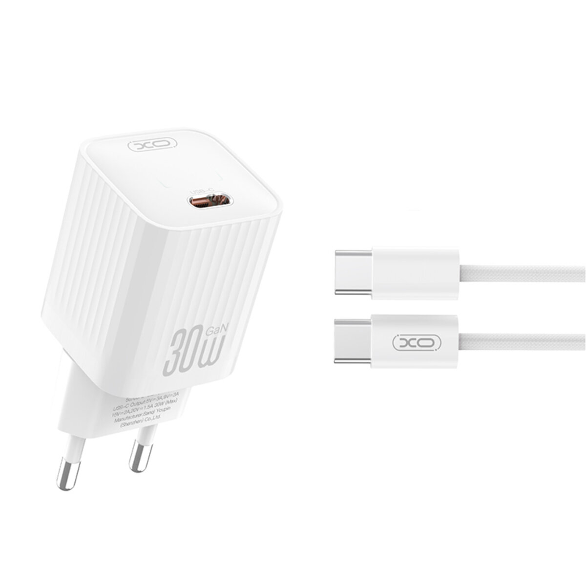 Мережевий зарядний пристрій XO L148 PD30W USB-C + Type-C кабель білий (XO-L148+C) дивитися фото №1