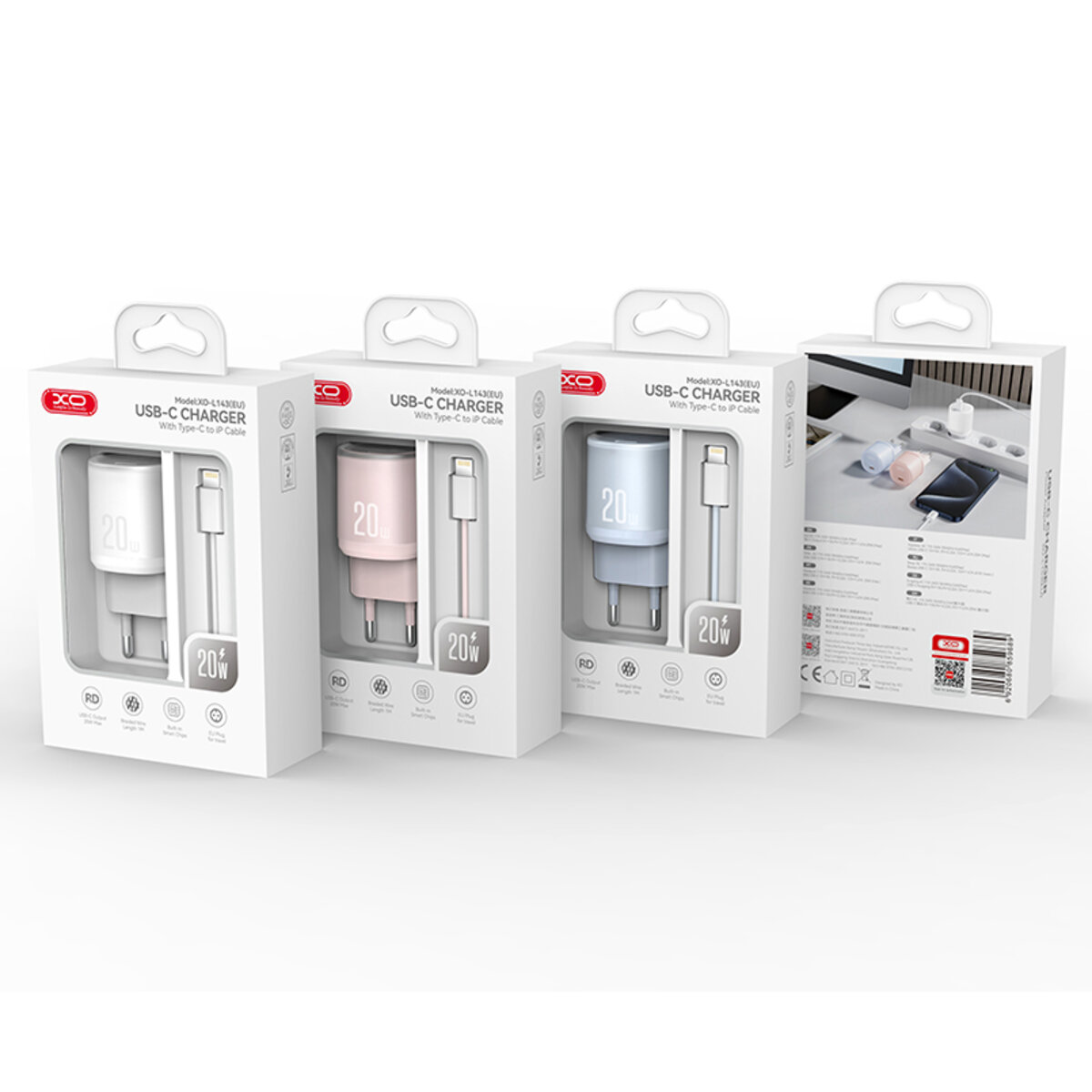 Мережевий зарядний пристрій XO L143 PD20W Single USB-C + Lightning кабель білий (XO-L143+L-White) дивитися фото №5