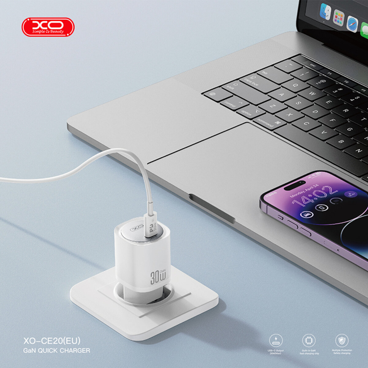 Мережевий зарядний пристрій XO CE20 PD30W/PPS33W 1USB-C + Lightning кабель білий (XO-CE20+L) дивитися фото №4
