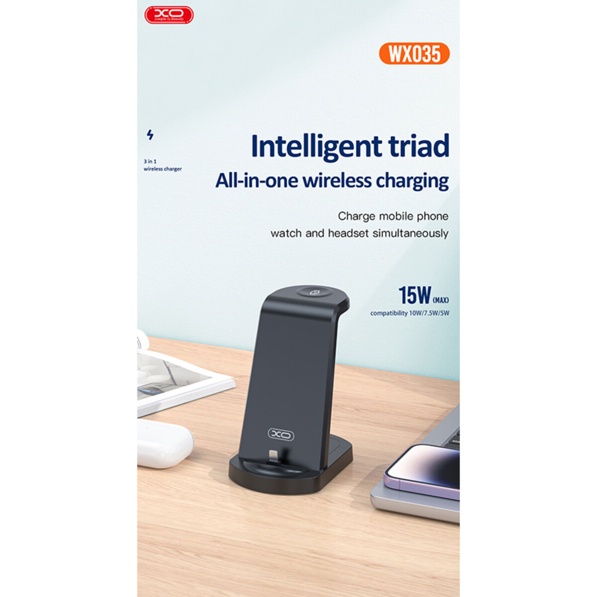 Бездротовий зарядний пристрій XO WX035 3в1 Watch Charger + Lightning + TWS (XO-WX035) дивитися фото №8