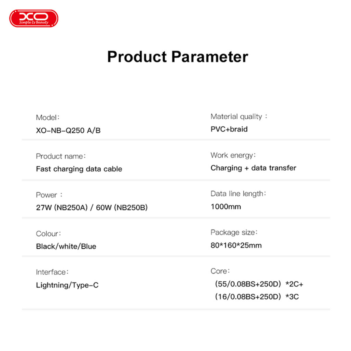 Кабель XO PVC Shiny Colorful Type-C to Type-C 60W 1м білий (XO-NB-Q250B-White) дивитися фото №3