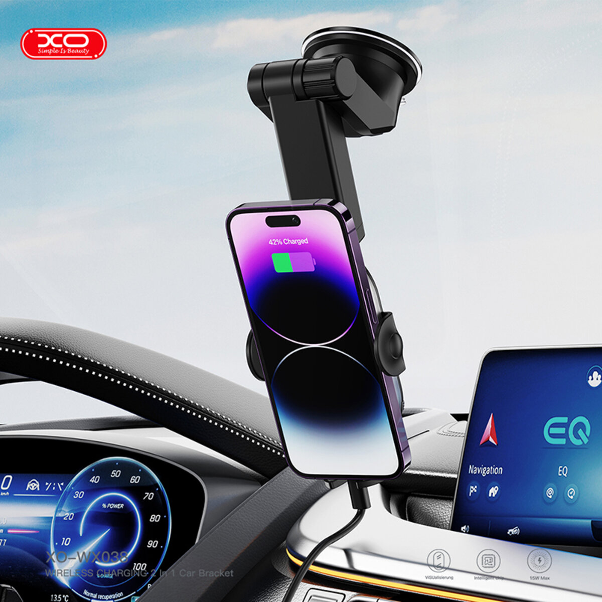Держатель телефона автомобильный XO с беспроводной зарядкой WX038 15W Transparent Car Wireless Charging черный (XO-WX038) смотреть фото №4