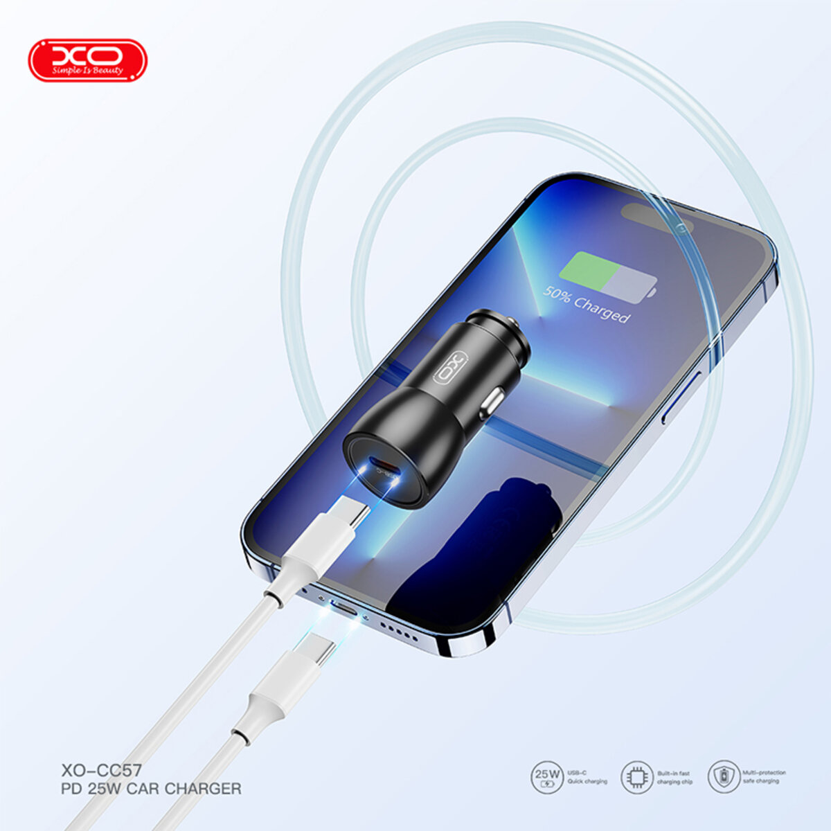 Автомобільний зарядний пристрій XO CC57 PD25W Smart Metal Single C Port чорний (XO-CC57) дивитися фото №3
