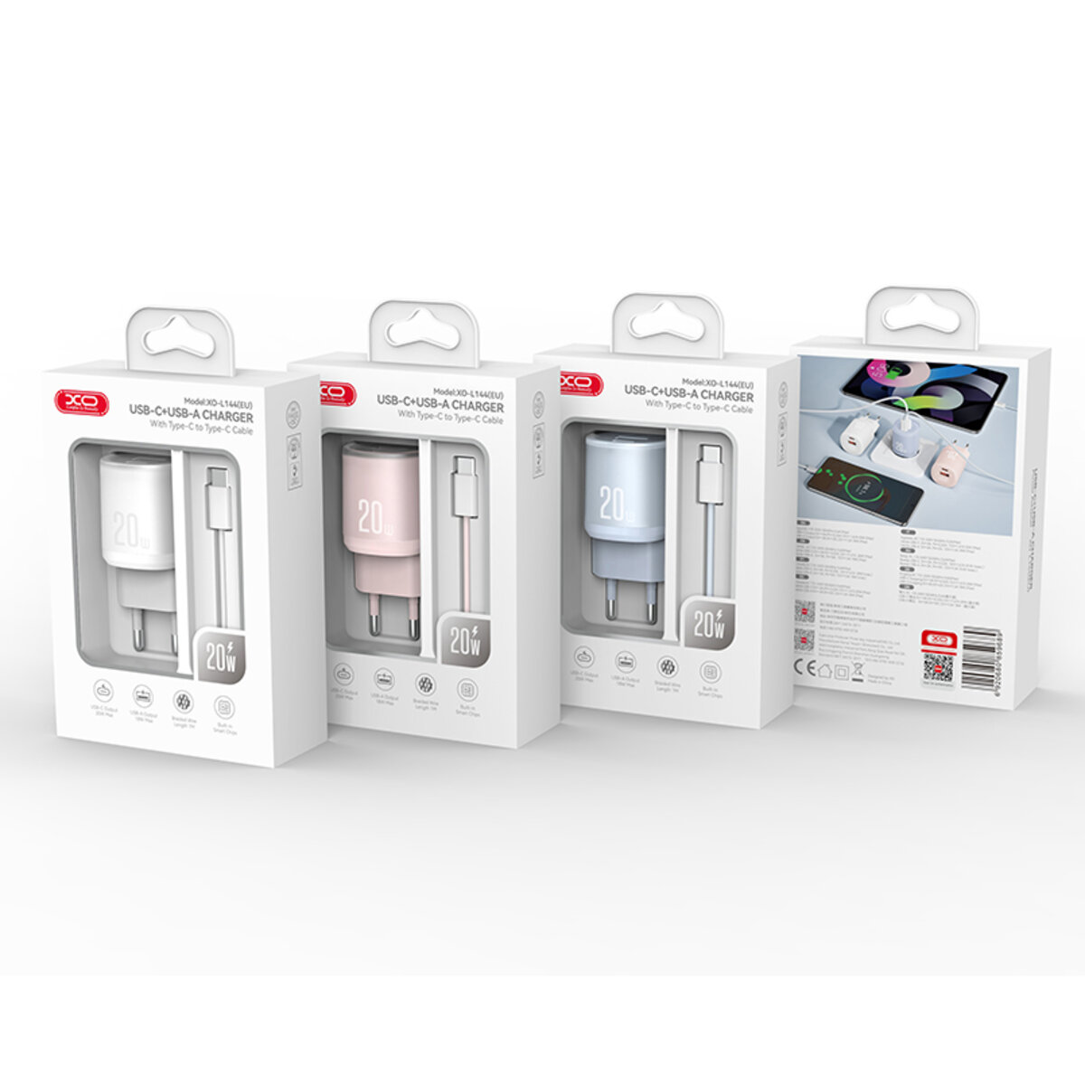 Мережевий зарядний пристрій XO L144 PD20W 1USB-A+1USB-C + Type C кабель білий (XO-L144+C-White) дивитися фото №6