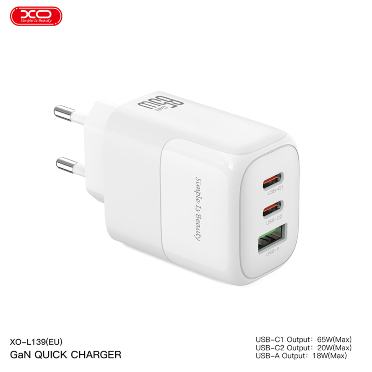 Мережевий зарядний пристрій XO L139 1USB-A 45W+2USB-C 65W білий (XO-L139) дивитися фото №2