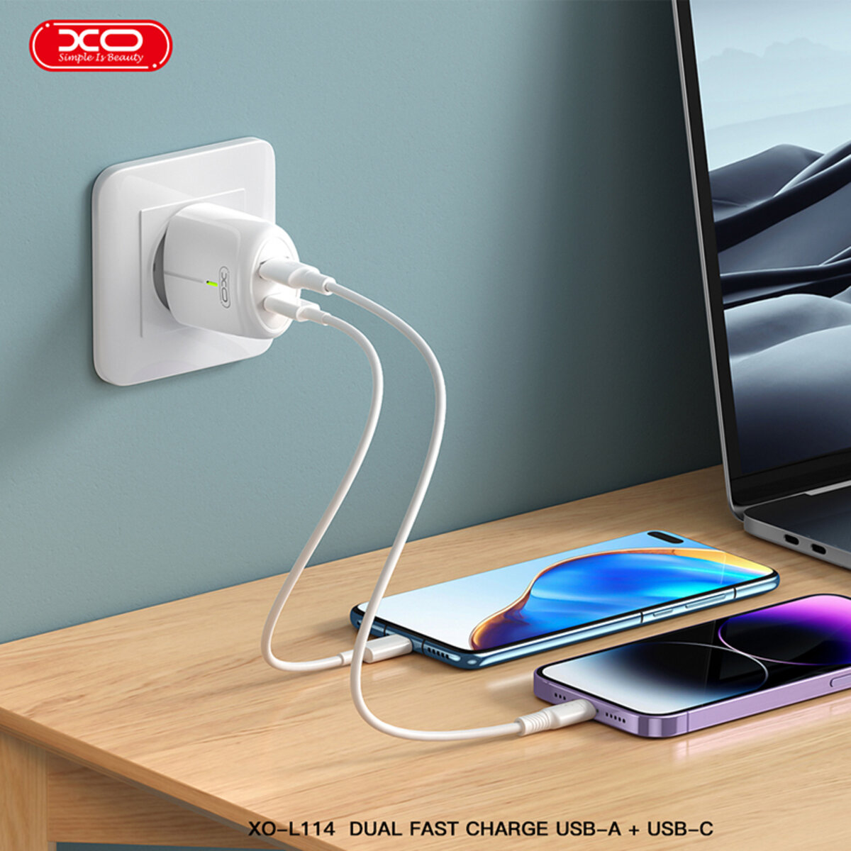 Мережевий зарядний пристрій XO L114 PD20W/QC18W білий (XO-L114) дивитися фото №2