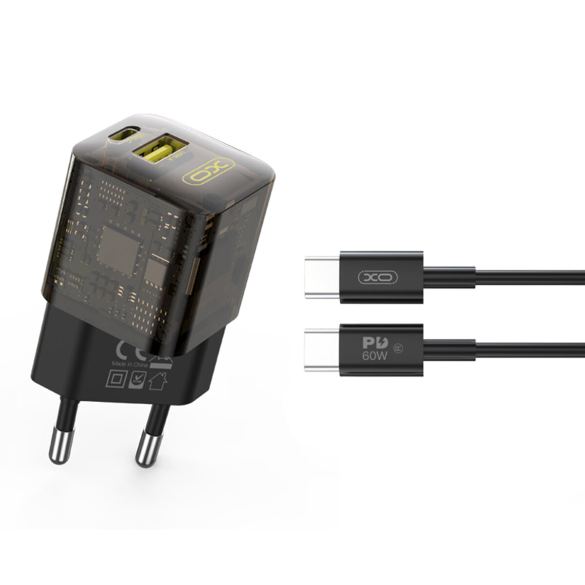 Мережевий зарядний пристрій XO CE05 Gan PD30W+QC3.0 18W + Type-c кабель коричневий (XO-CE05+C) дивитися фото №1