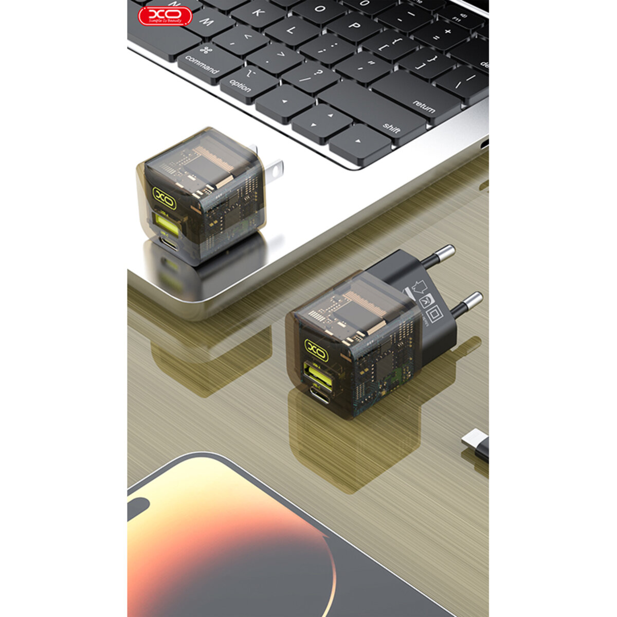 Мережевий зарядний пристрій XO CE05 Gan PD30W+QC3.0 18W + Type-c кабель коричневий (XO-CE05+C) дивитися фото №4