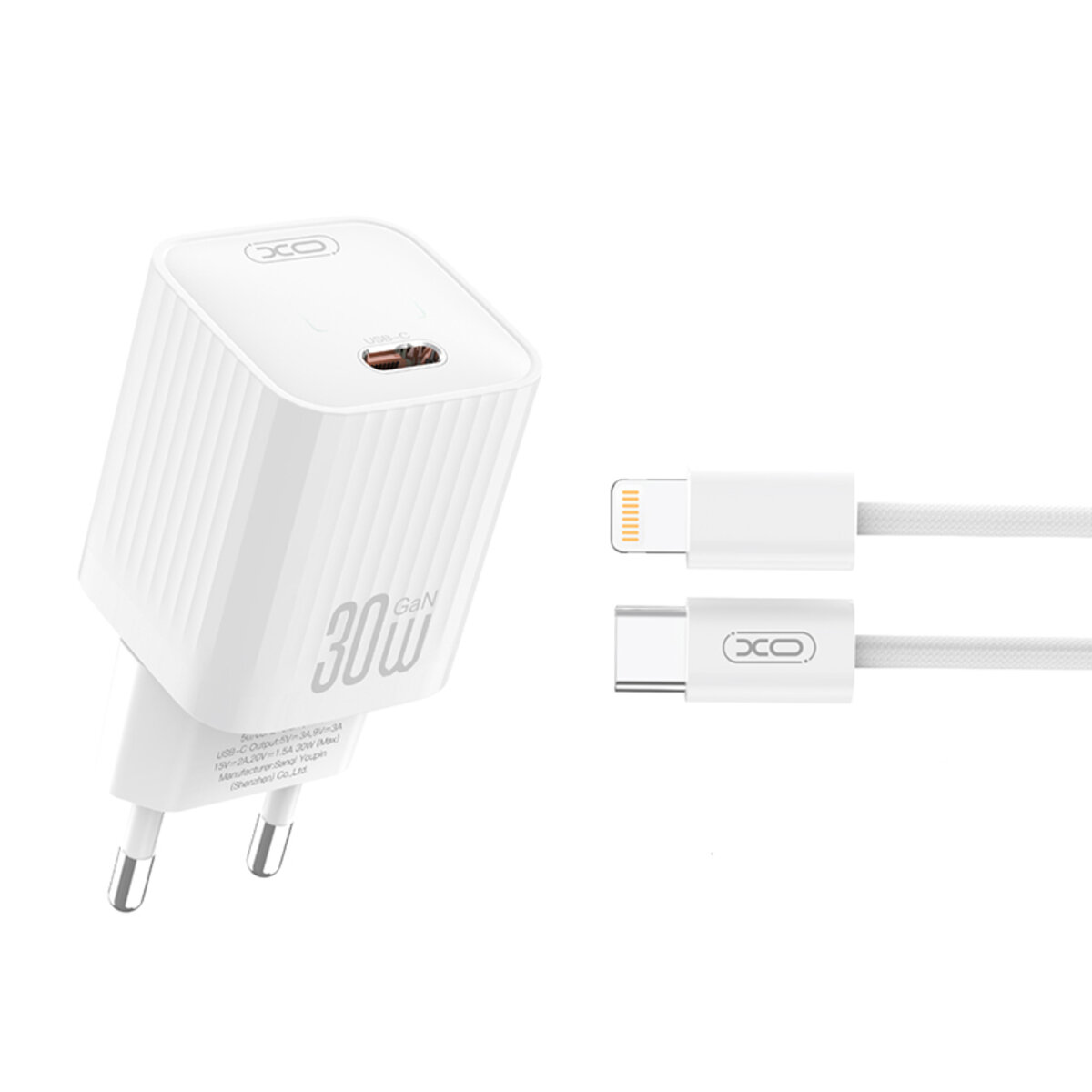 Мережевий зарядний пристрій XO L148 PD30W Single USB-C + Lightning кабель білий (XO-L148+L) дивитися фото №1