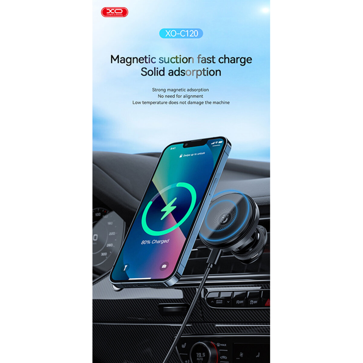 Держатель телефона автомобильный XO с беспроводной зарядкой CX015 15W Magnetic Car Air Outlet Wireless черный (XO-CX015) смотреть фото №2