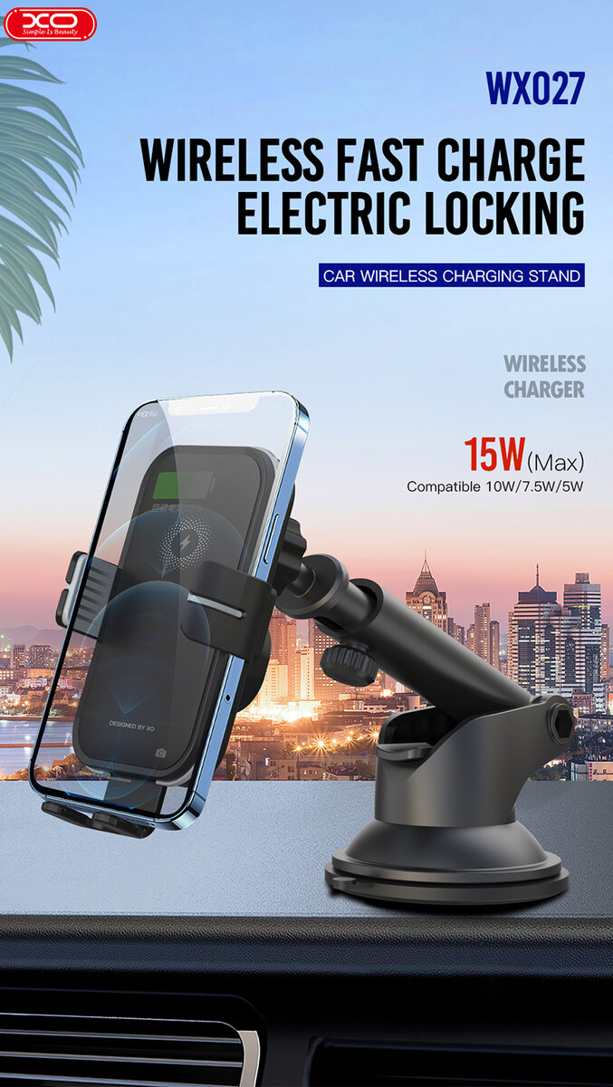 Держатель телефона автомобильный XO с беспроводной зарядкой WX027 15W Wireless Charger+Car Holder черный (XO-WX027) смотреть фото №5