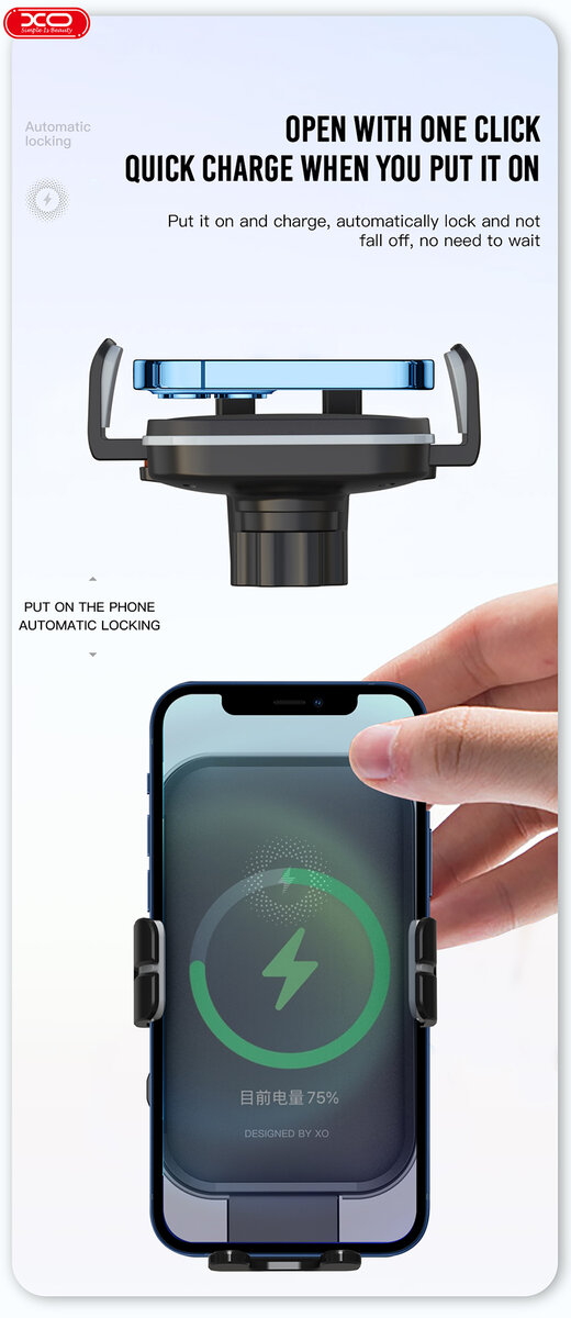 Держатель телефона автомобильный XO с беспроводной зарядкой WX027 15W Wireless Charger+Car Holder черный (XO-WX027) смотреть фото №6