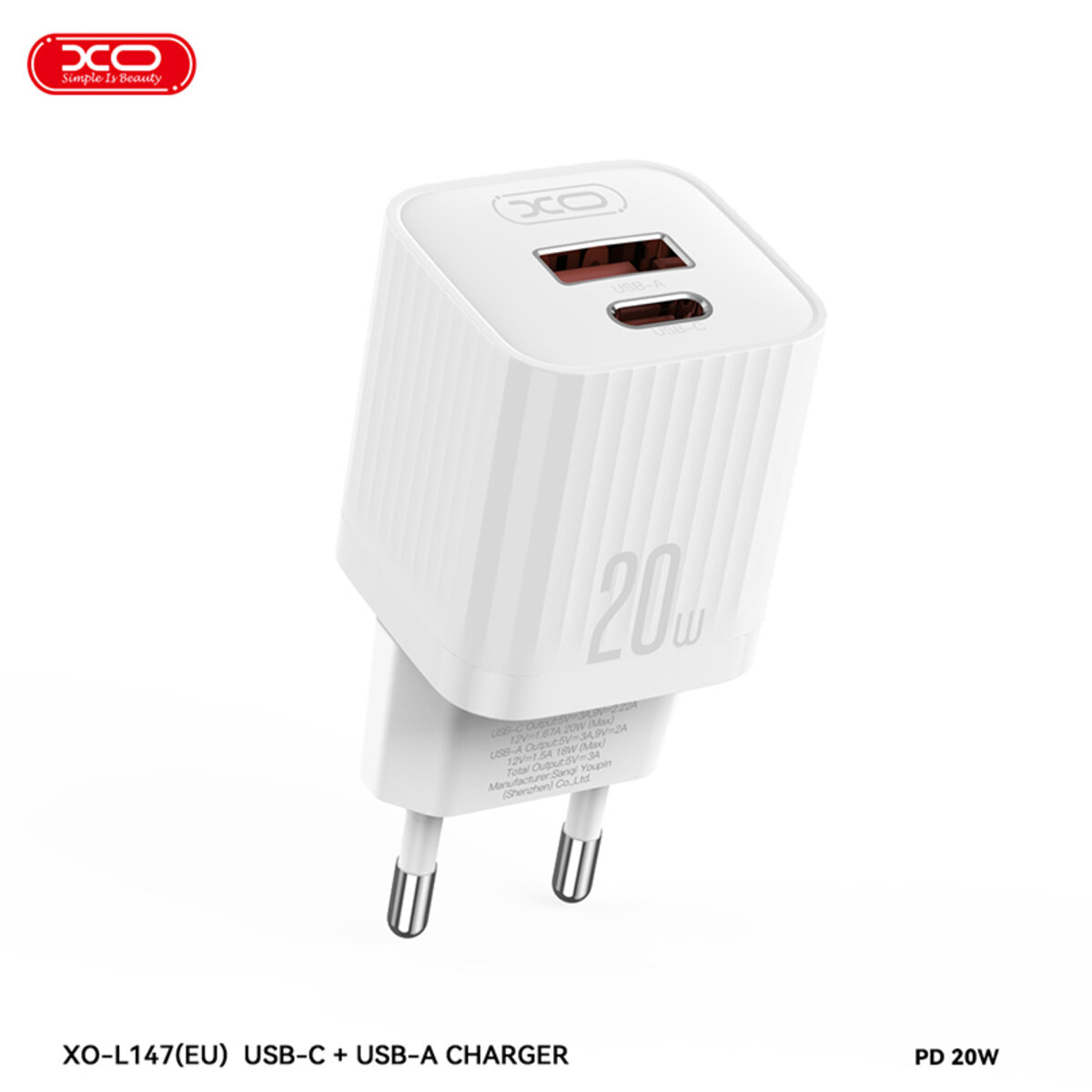 Мережевий зарядний пристрій XO L147 PD20W 1USB-A+1USB-C Type-C кабель білий (XO-L147+C) дивитися фото №2