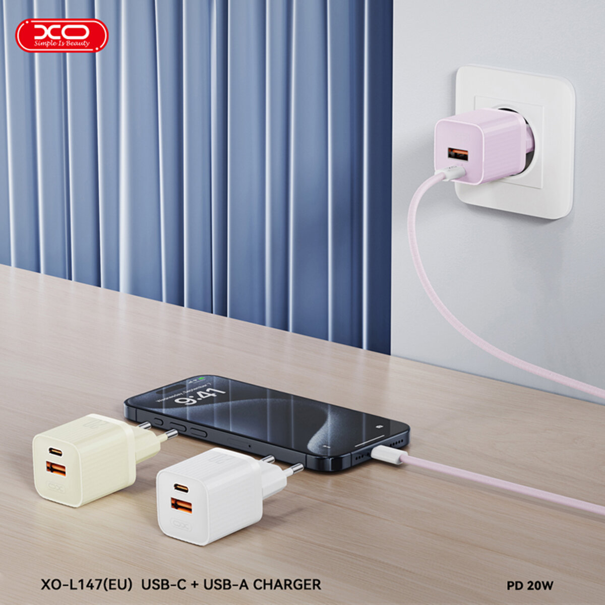 Мережевий зарядний пристрій XO L147 PD20W 1USB-A+1USB-C Type-C кабель білий (XO-L147+C) дивитися фото №3