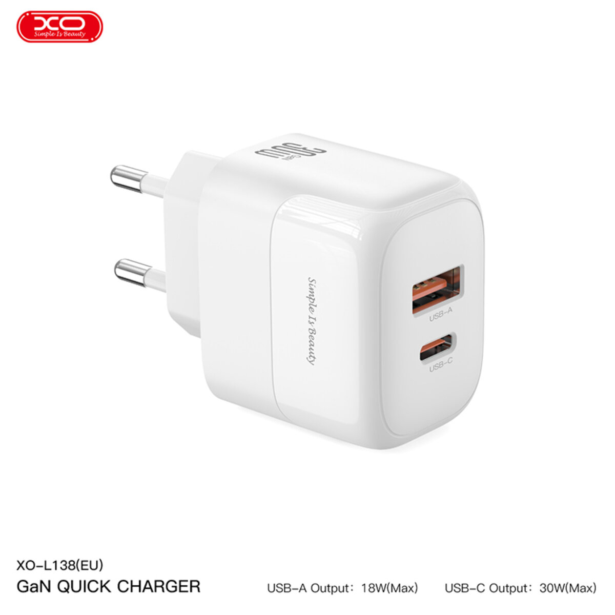 Мережевий зарядний пристрій XO L138 PD30W/QC18W 1USB-A+1USB-C + Lightning кабель білий (XO-L138+L) дивитися фото №2