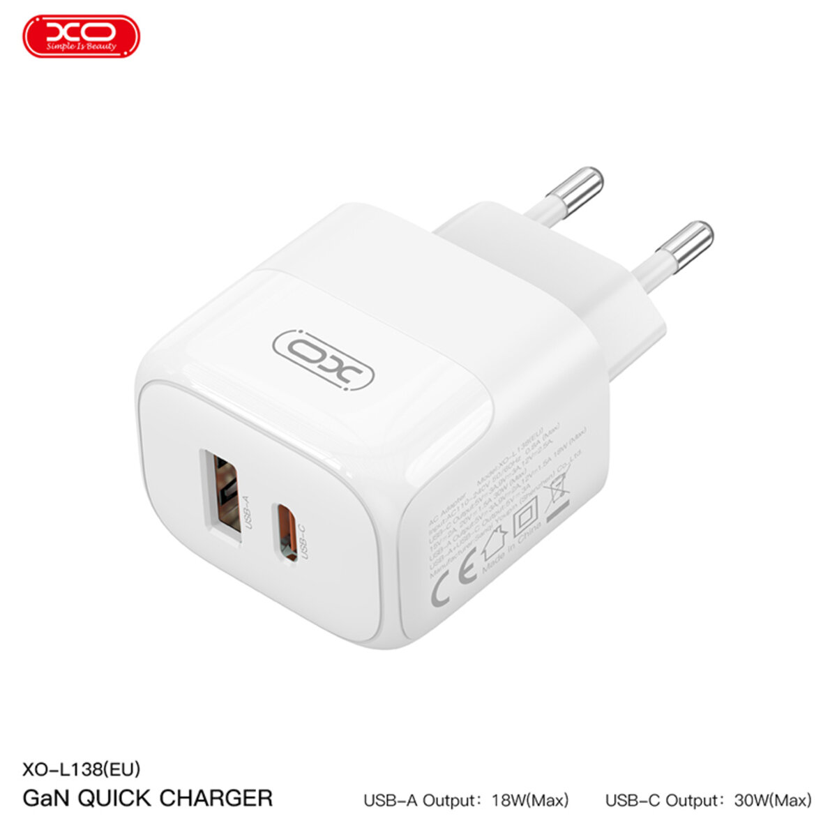 Мережевий зарядний пристрій XO L138 PD30W/QC18W 1USB-A+1USB-C + Lightning кабель білий (XO-L138+L) дивитися фото №4