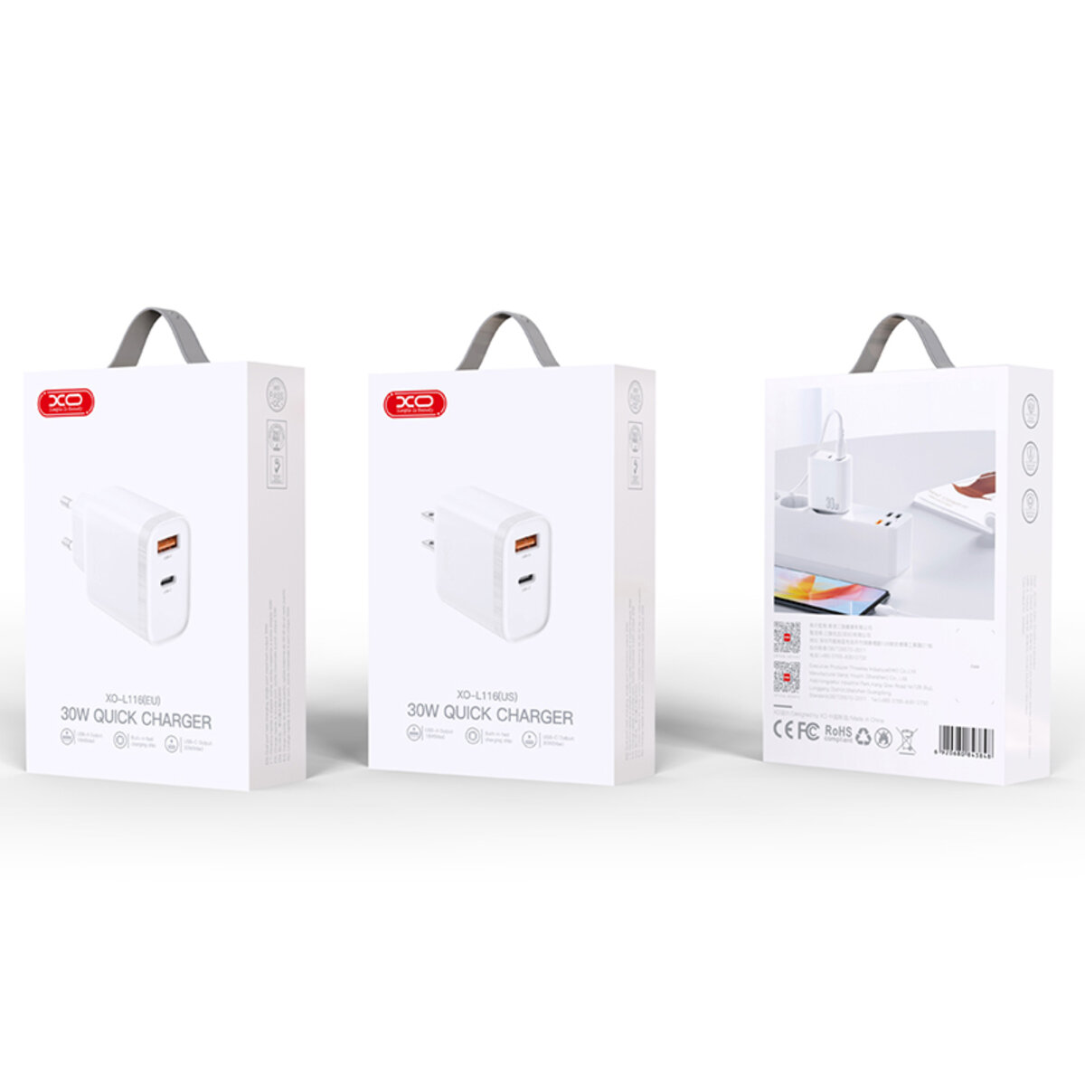 Мережевий зарядний пристрій XO L116 PD30W/QC18W1USB-C+1USB-A білий (XO-L116) дивитися фото №7