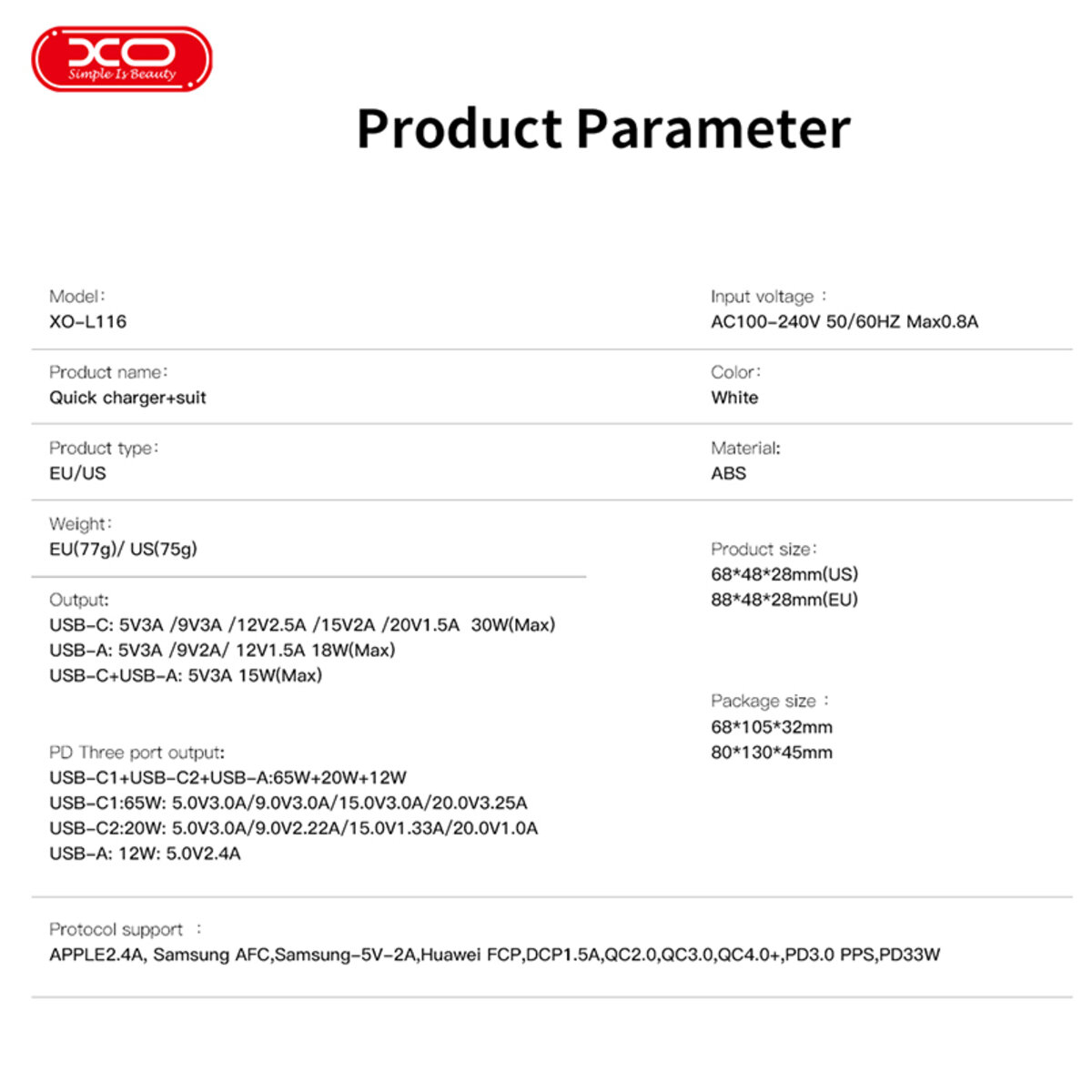 Мережевий зарядний пристрій XO L116 PD30W/QC18W1USB-C+1USB-A білий (XO-L116) дивитися фото №8