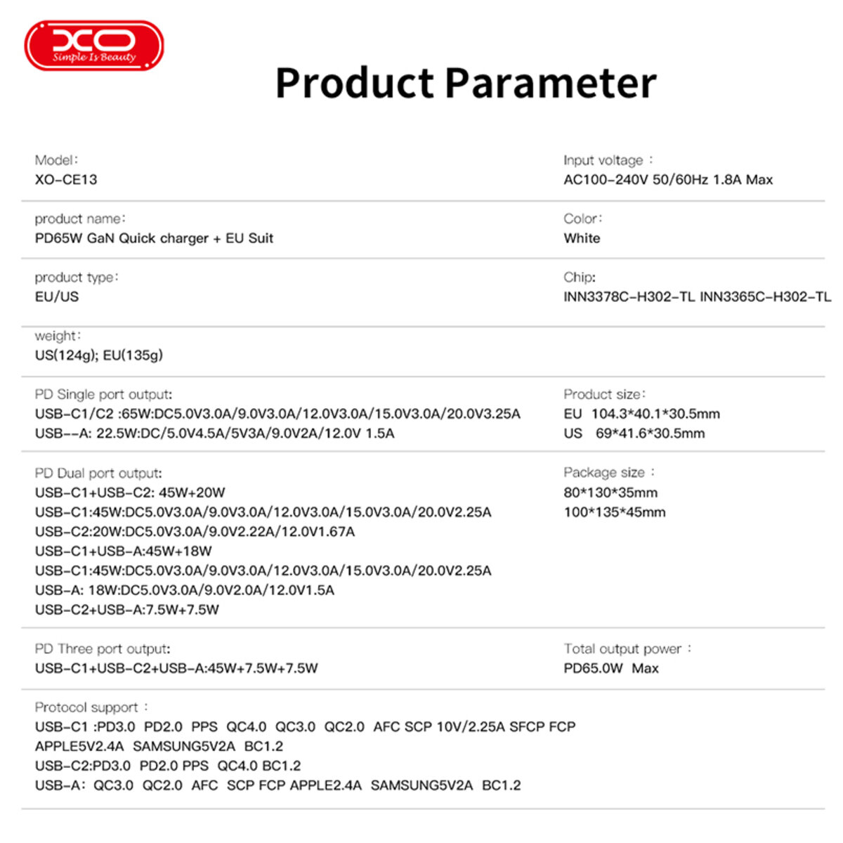 Мережевий зарядний пристрій XO CE13 GaN 65W Fбілий (XO-CE13) дивитися фото №7