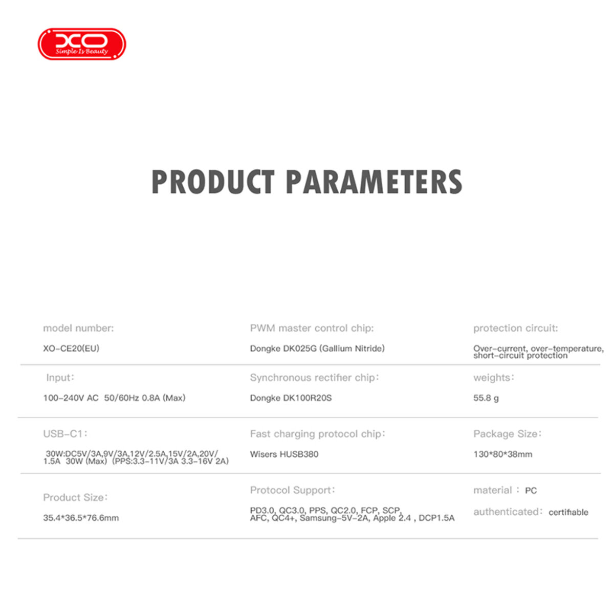 Мережевий зарядний пристрій XO CE20 PD30W/PPS33W 1USB-C + Type-C кабель білий (XO-CE20+C) дивитися фото №5