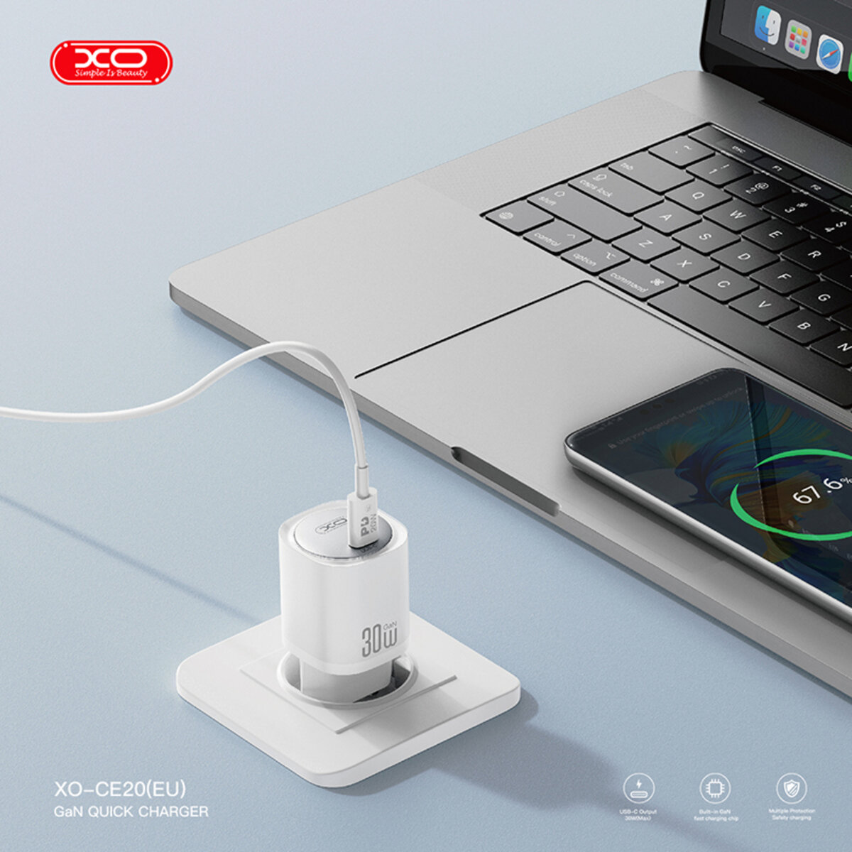 Мережевий зарядний пристрій XO CE20 PD30W/PPS33W 1USB-C + Type-C кабель білий (XO-CE20+C) дивитися фото №3