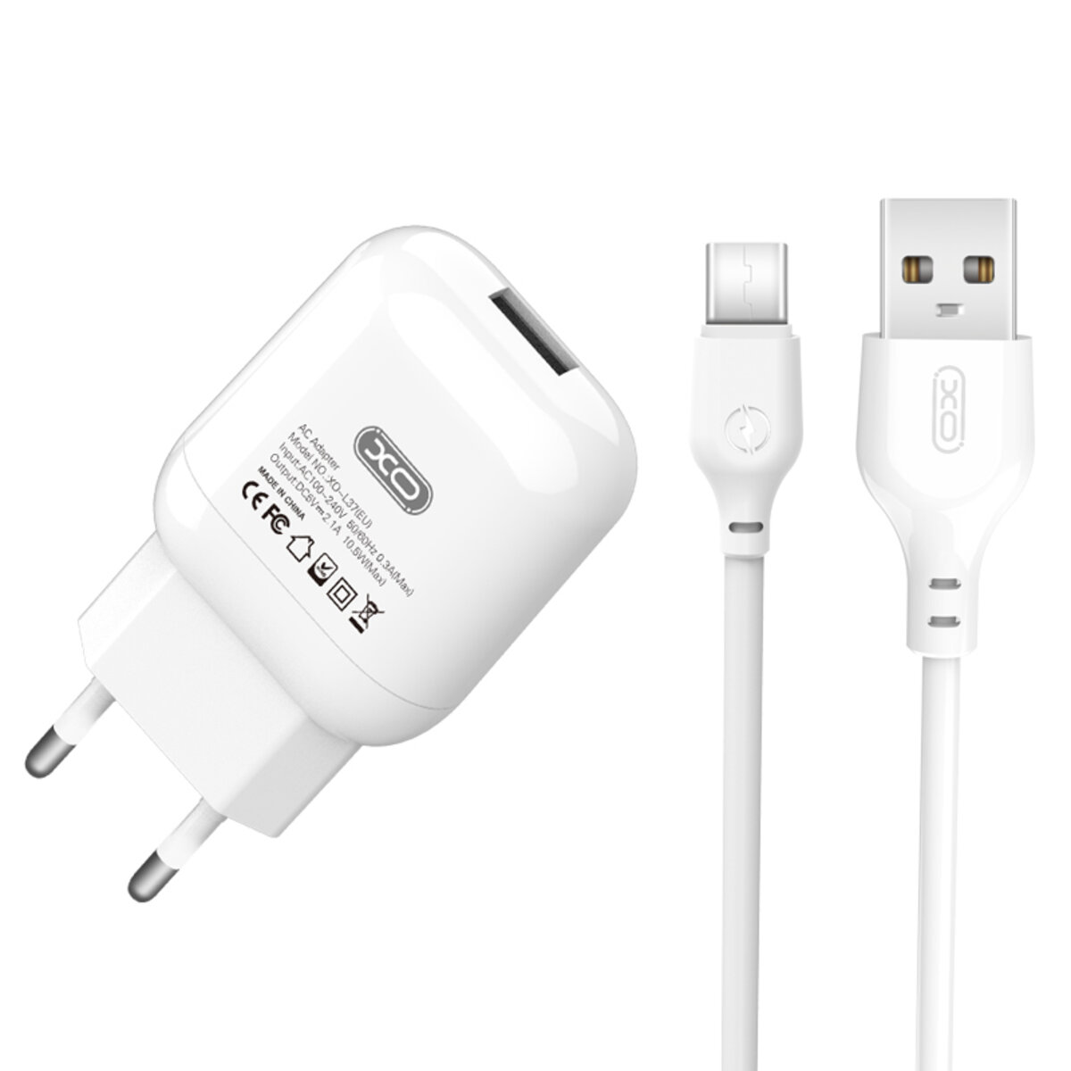 Мережевий зарядний пристрій XO L37 + Type-c кабель білий (XO-L37+C) дивитися фото №1