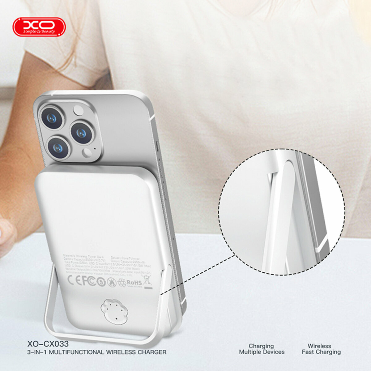 Бездротовий зарядний пристрій XO CX033 3в1 Power bank + Watch Charger + Headphone білий (XO-CX033) дивитися фото №4