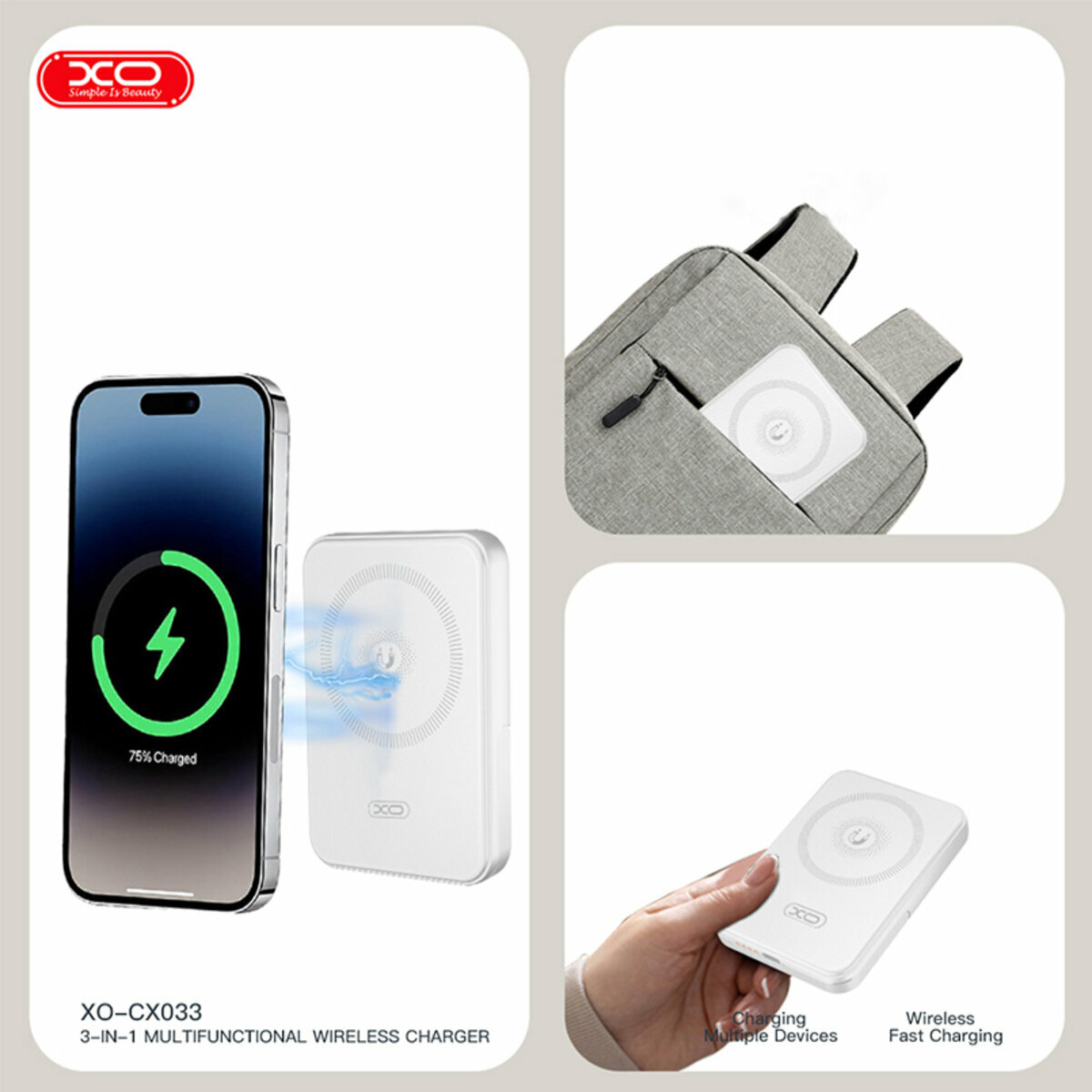 Бездротовий зарядний пристрій XO CX033 3в1 Power bank + Watch Charger + Headphone білий (XO-CX033) дивитися фото №3