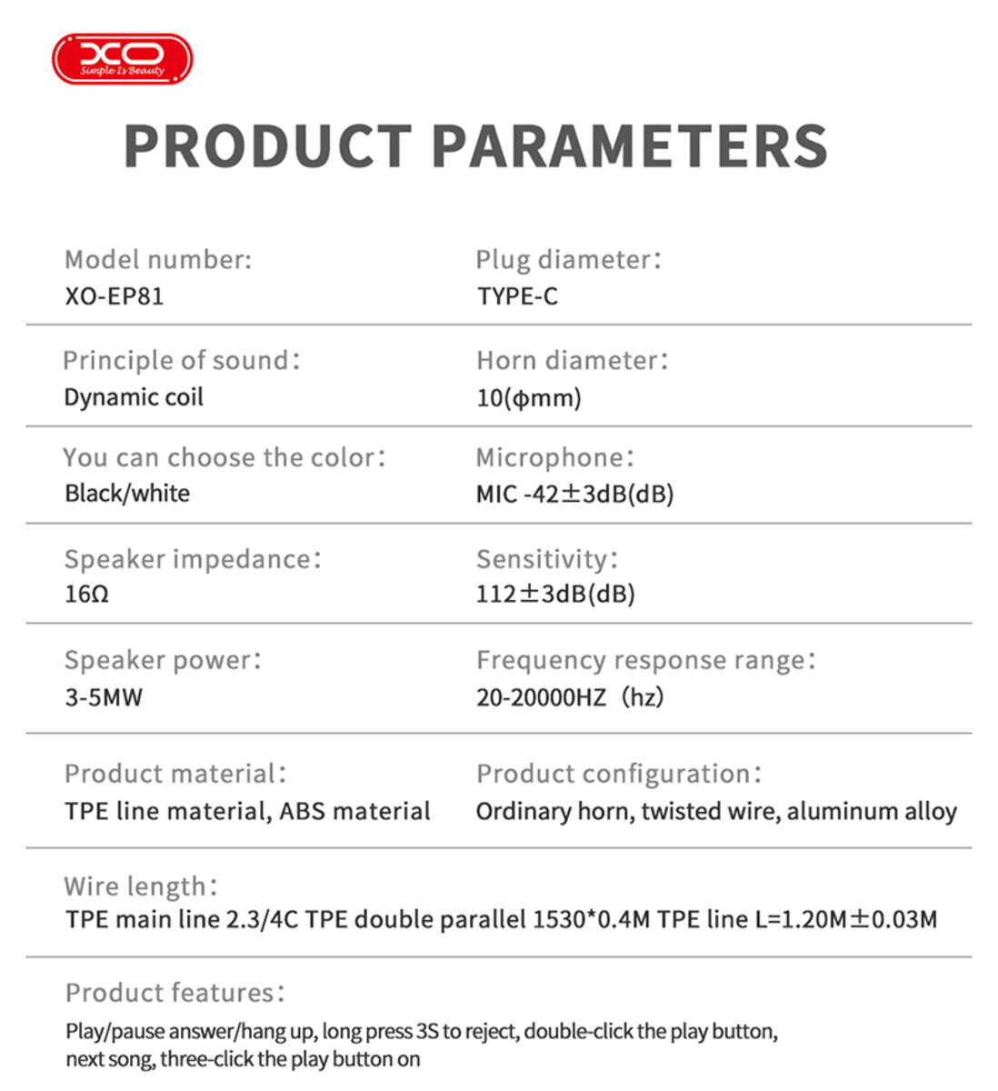 Навушники дротові XO EP81 Sunflower In-Ear Type-C білі (XO-EP81-White) дивитися фото №7