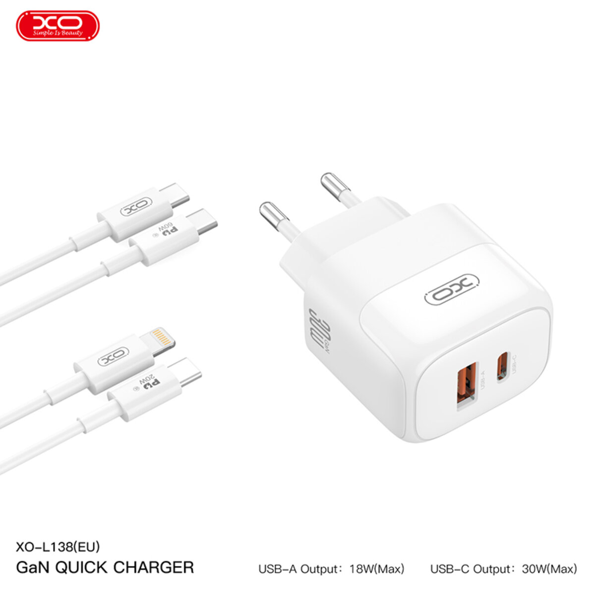 Мережевий зарядний пристрій XO L138 PD30W/QC18W 1USB-A+1USB-C + Type-c кабель білий (XO-L138+C) дивитися фото №5