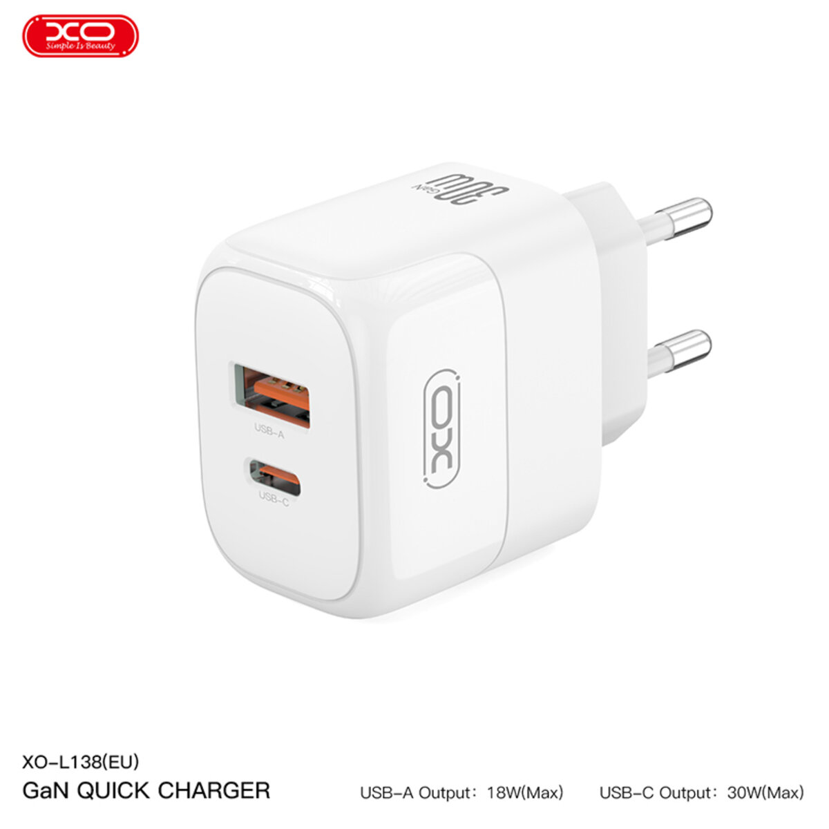 Мережевий зарядний пристрій XO L138 PD30W/QC18W 1USB-A+1USB-C + Type-c кабель білий (XO-L138+C) дивитися фото №3