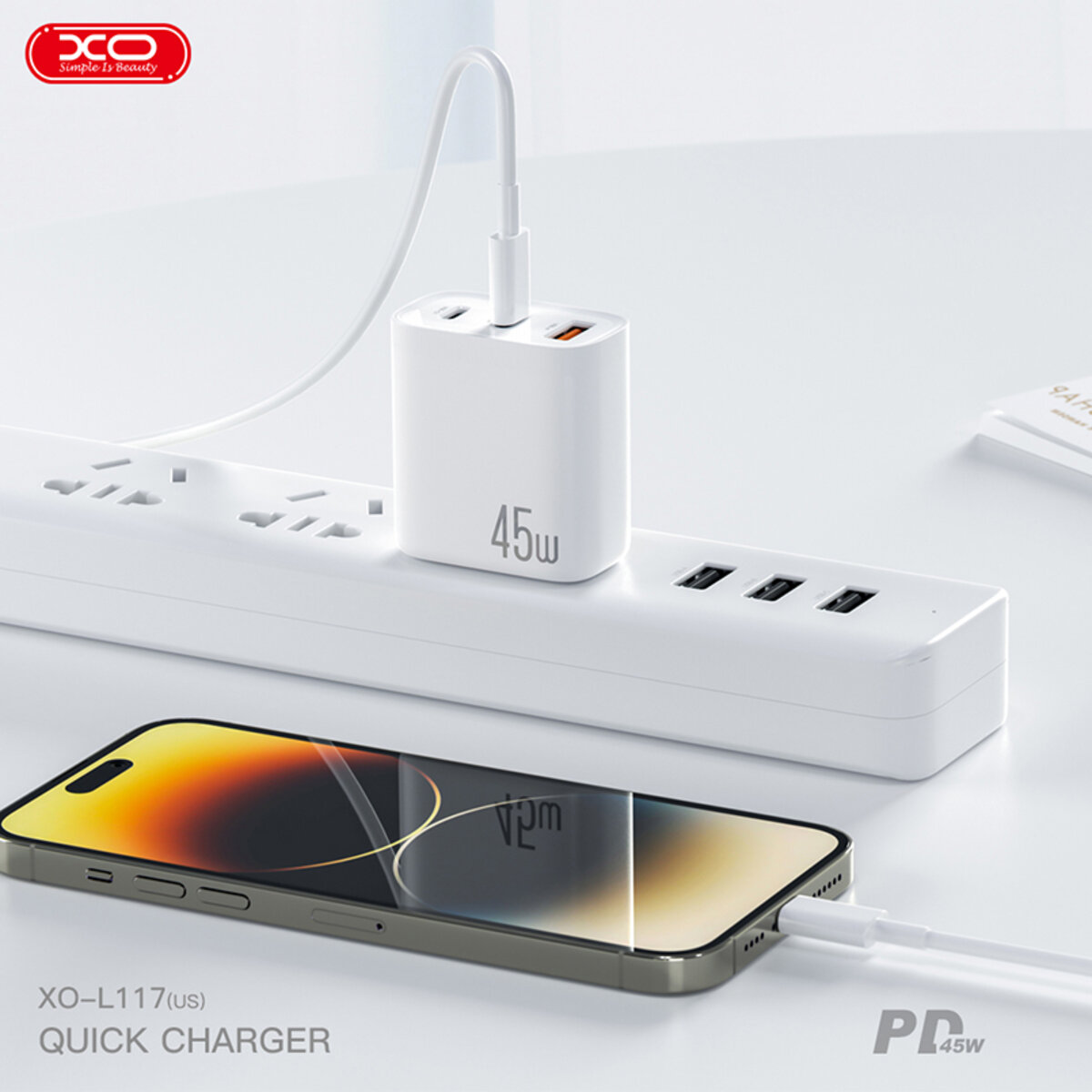 Мережевий зарядний пристрій XO L117 PD45W/QC18W 2USB-C+1USB-A білий (XO-L117) дивитися фото №6