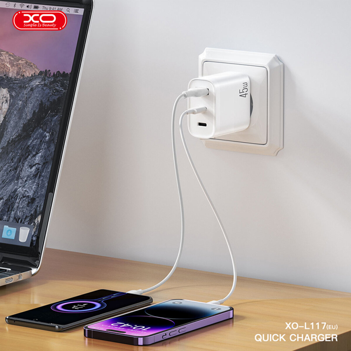 Мережевий зарядний пристрій XO L117 PD45W/QC18W 2USB-C+1USB-A білий (XO-L117) дивитися фото №4