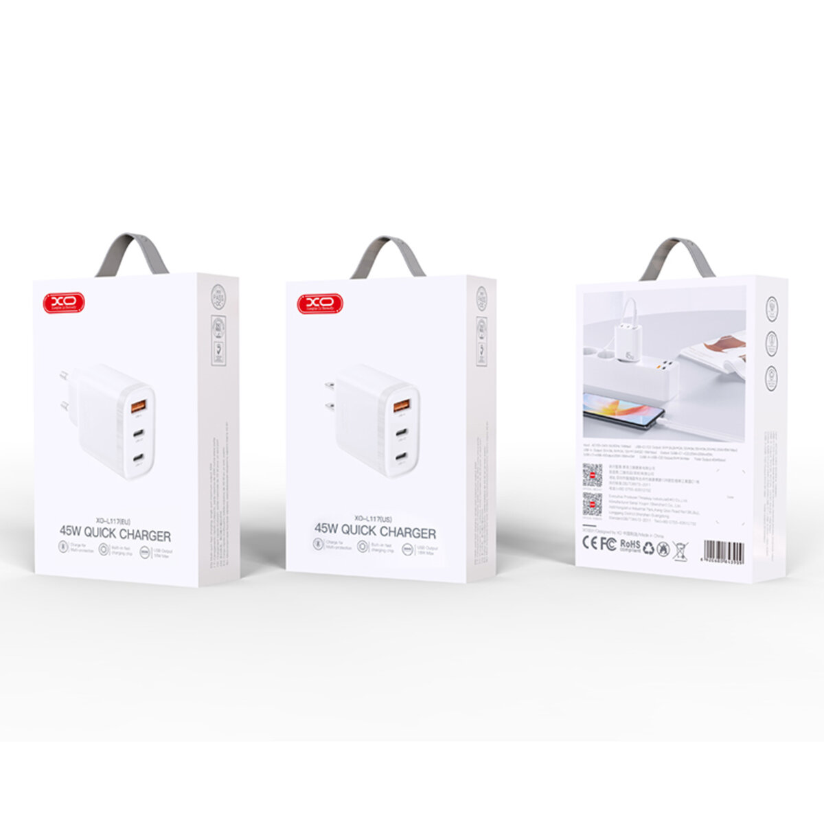 Мережевий зарядний пристрій XO L117 PD45W/QC18W 2USB-C+1USB-A білий (XO-L117) дивитися фото №7