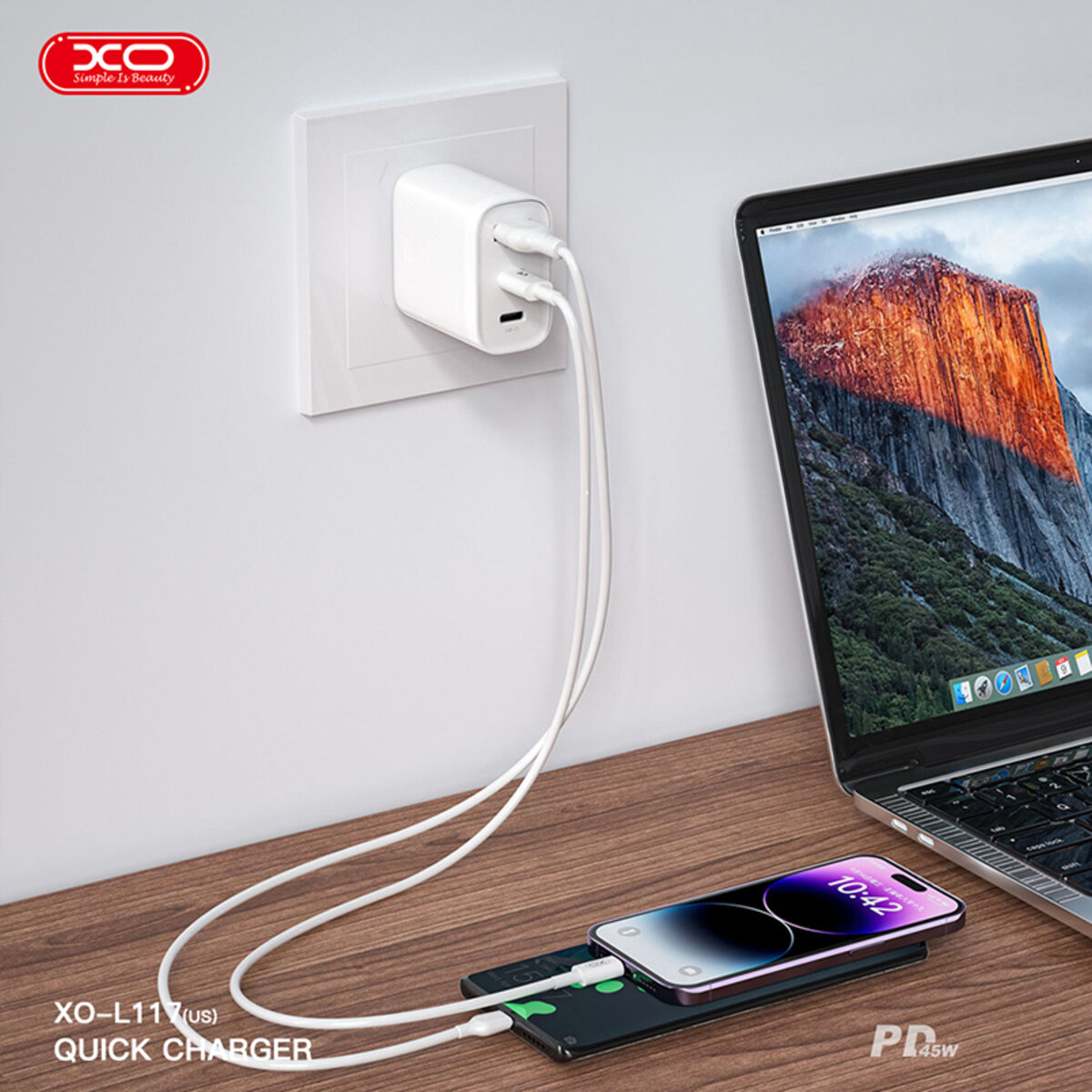 Мережевий зарядний пристрій XO L117 PD45W/QC18W 2USB-C+1USB-A білий (XO-L117) дивитися фото №5