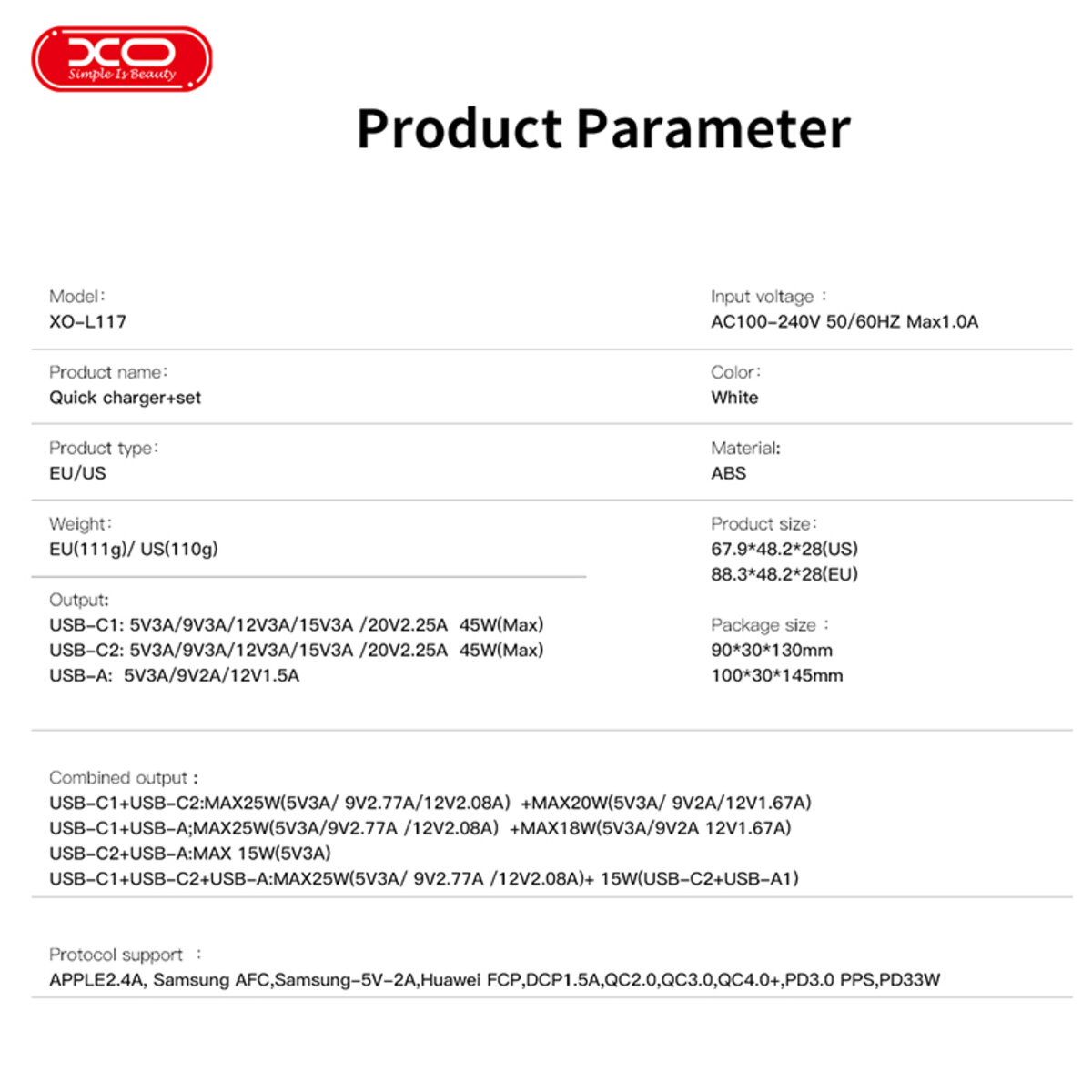 Мережевий зарядний пристрій XO L117 PD45W/QC18W 2USB-C+1USB-A білий (XO-L117) дивитися фото №8