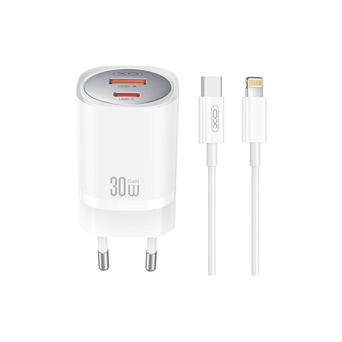 Мережевий зарядний пристрій XO CE21 PD30W/PPS33W 1USB-A+1USB-C + Lightning кабель білий (XO-CE21+L) дивитися фото №1