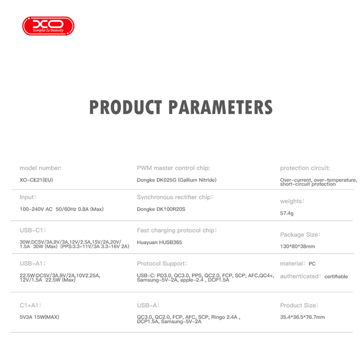 Мережевий зарядний пристрій XO CE21 PD30W/PPS33W 1USB-A+1USB-C + Lightning кабель білий (XO-CE21+L) дивитися фото №6