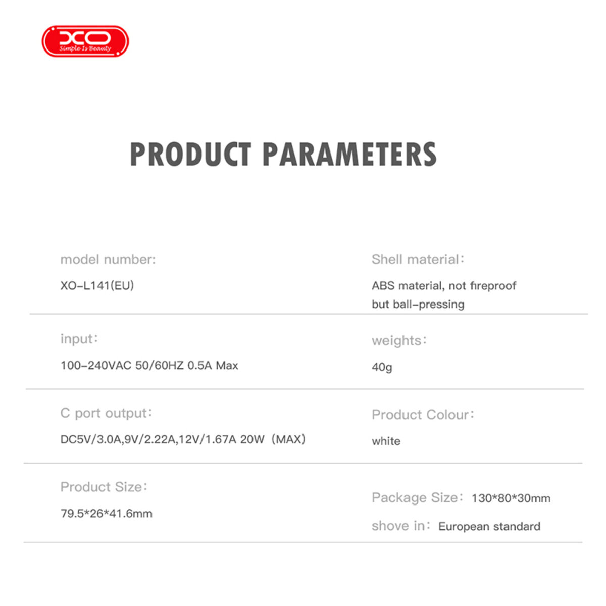 Мережевий зарядний пристрій XO L141 USB-C 20W білий (XO-L141) дивитися фото №8