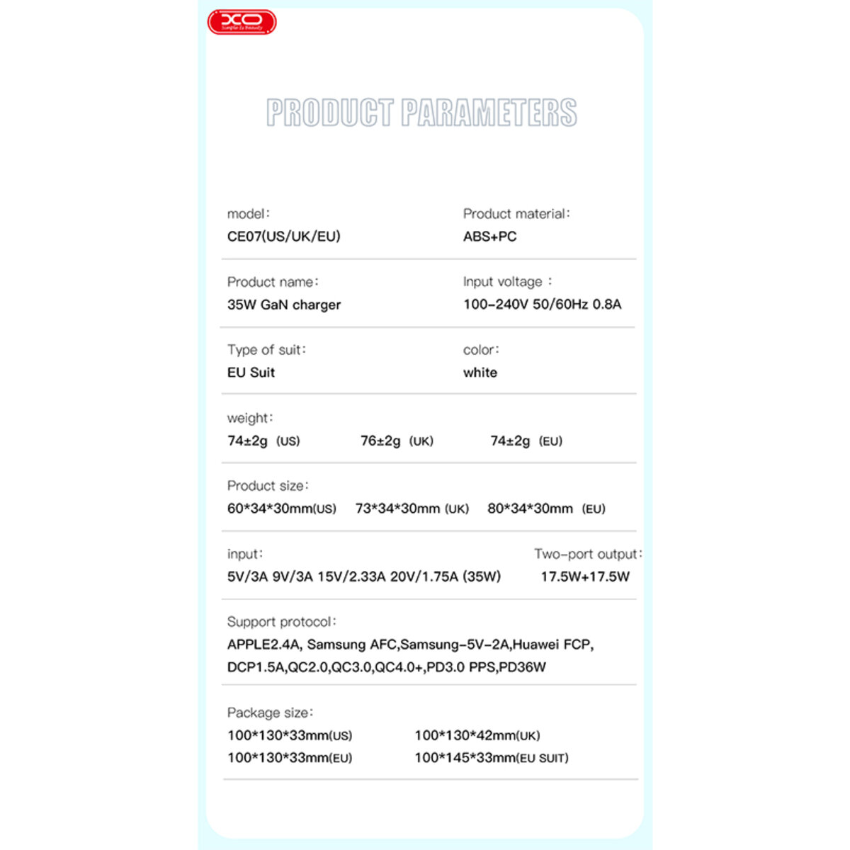 Мережевий зарядний пристрій XO CE07 GaN Dual PD 35W GaN  білий (XO-CE07) дивитися фото №5