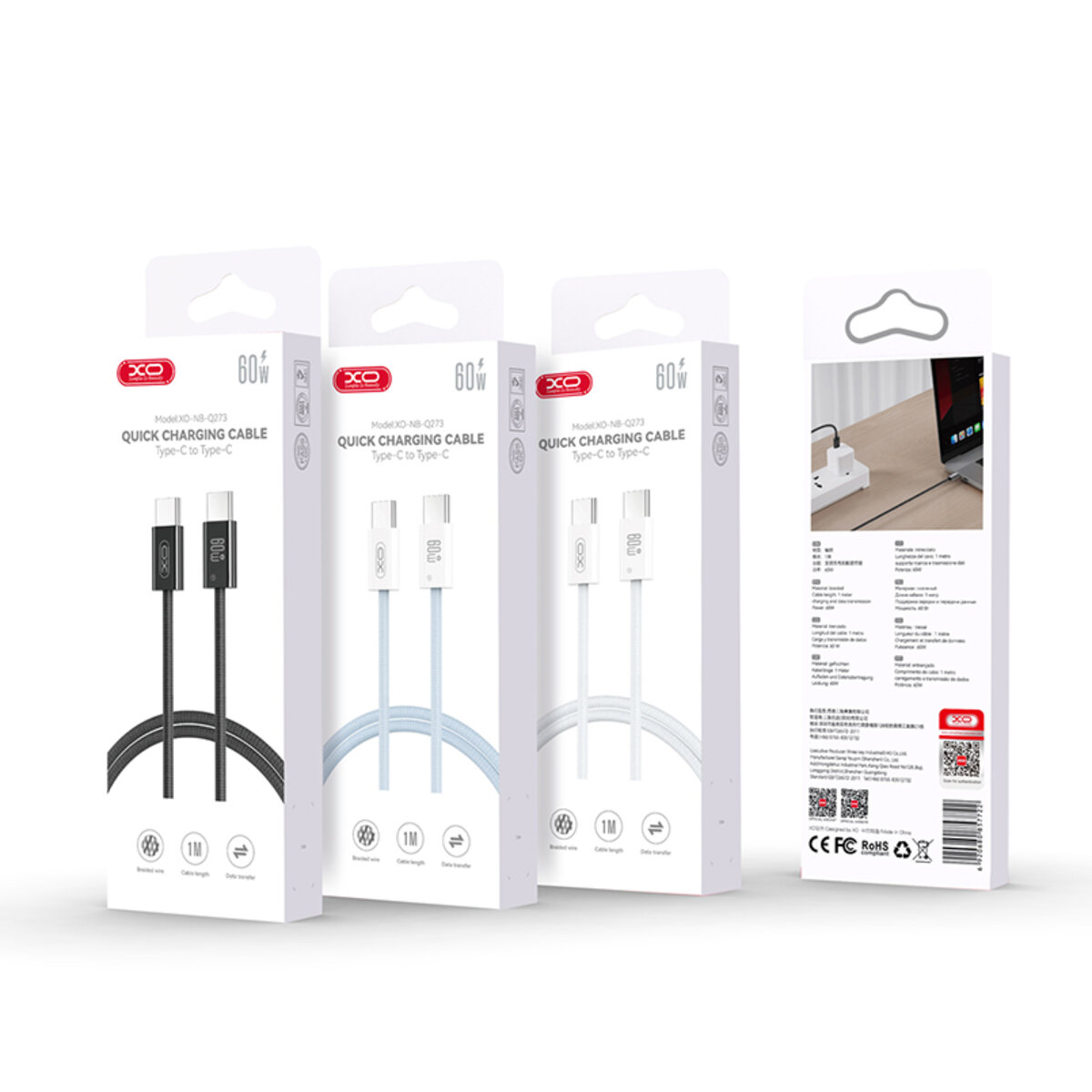 Кабель XO Woven Style Type-C to Type-C 60W 1м білий (XO-NB-Q273-White) дивитися фото №6