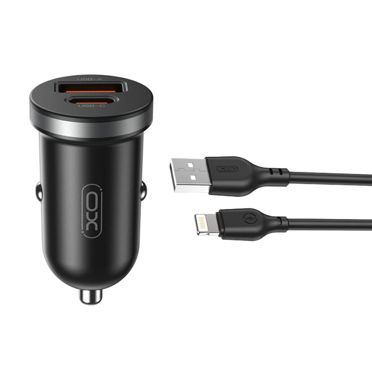 Автомобільний зарядний пристрій XO CC56 Plastic mini 30W+ Lightning кабель чорний (XO-CC56+L-black) дивитися фото №1