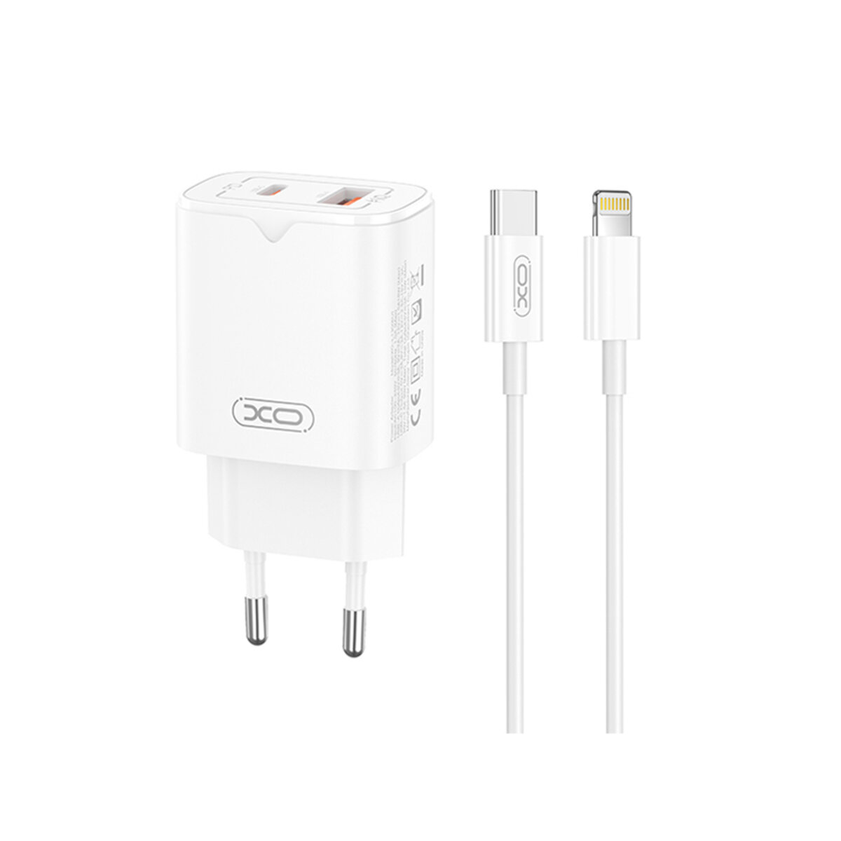 Мережевий зарядний пристрій XO L130 PD30W/QC18W 1USB-C+1USB-A + Lightning кабель білий (XO-L130+L) дивитися фото №1