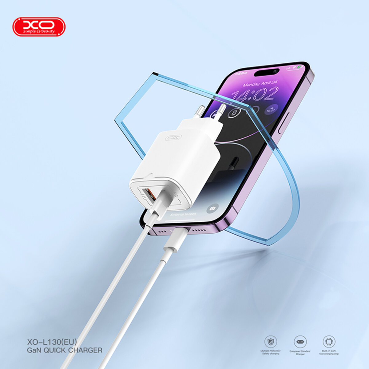 Мережевий зарядний пристрій XO L130 PD30W/QC18W 1USB-C+1USB-A + Lightning кабель білий (XO-L130+L) дивитися фото №2